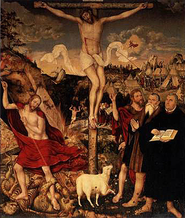 Le retable de Weimar, peint sur bois, avec Luther au pied du crucifix, Lucas Cranach